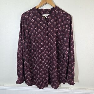 LOFT Plus Floral Blouse Womens Size 18 Burgundy Long Sleeve Pleated Cuff Button